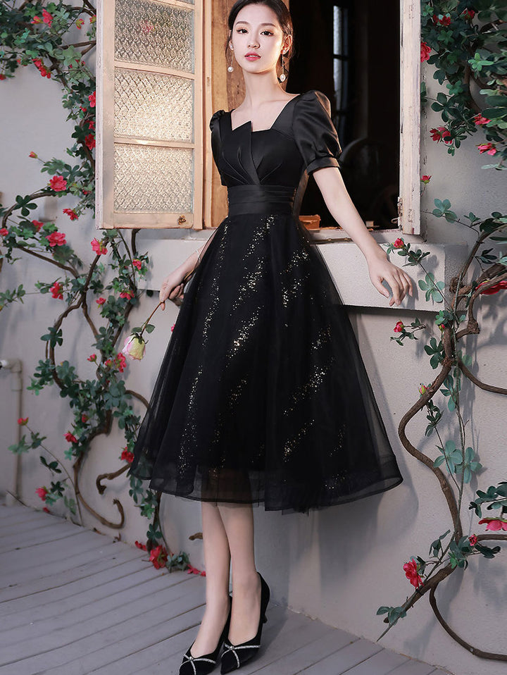 Shimmery Black A-Line Midi Party Prom Dress