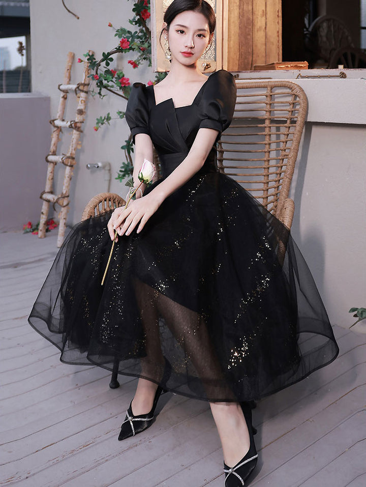 Shimmery Black A-Line Midi Party Prom Dress