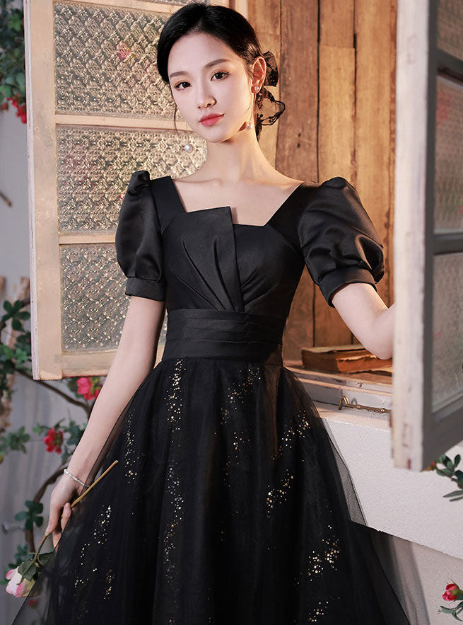 Shimmery Black A-Line Midi Party Prom Dress