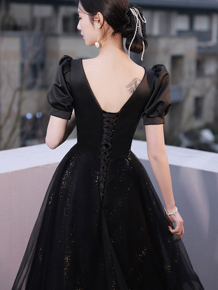 Shimmery Black A-Line Midi Party Prom Dress