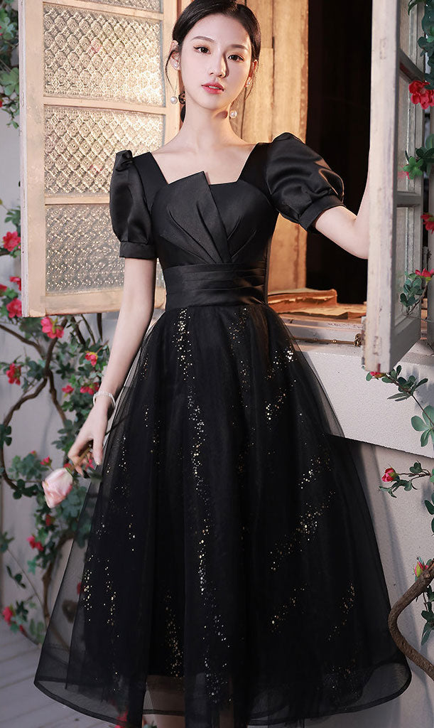 Shimmery Black A-Line Midi Party Prom Dress