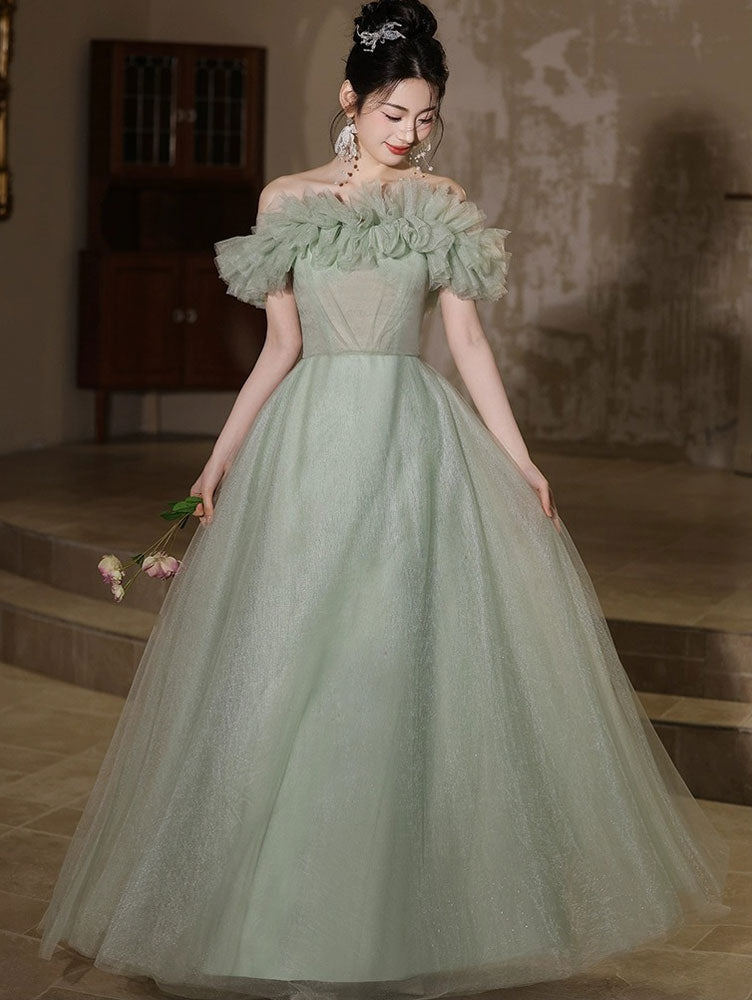Fairy Green Ruffle Off Shoulder Tulle Maxi Evening Prom Dress