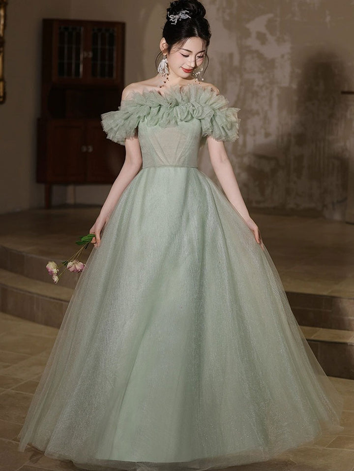 Fairy Green Ruffle Off Shoulder Tulle Maxi Evening Prom Dress