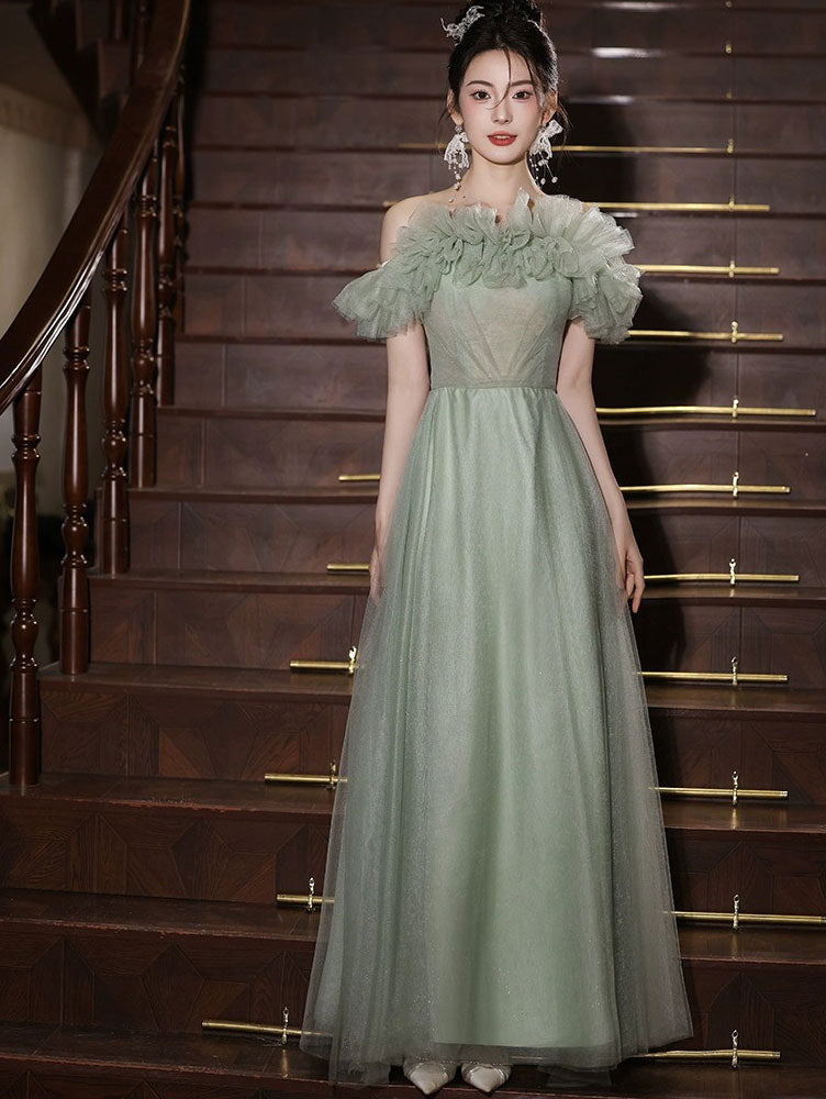 Fairy Green Ruffle Off Shoulder Tulle Maxi Evening Prom Dress
