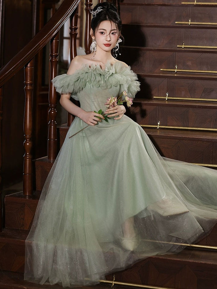 Fairy Green Ruffle Off Shoulder Tulle Maxi Evening Prom Dress