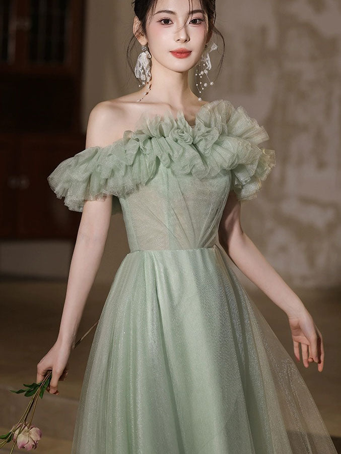 Fairy Green Ruffle Off Shoulder Tulle Maxi Evening Prom Dress