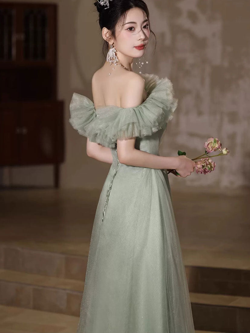 Fairy Green Ruffle Off Shoulder Tulle Maxi Evening Prom Dress
