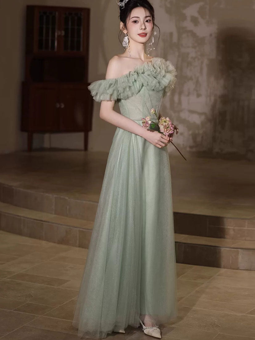 Fairy Green Ruffle Off Shoulder Tulle Maxi Evening Prom Dress