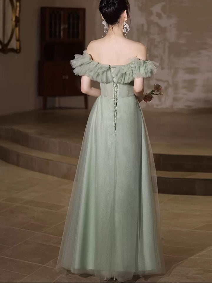 Fairy Green Ruffle Off Shoulder Tulle Maxi Evening Prom Dress