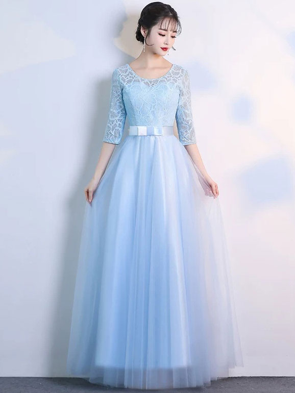 Half Sleeve A-Line Tulle Bridesmaid Wedding Prom Dress