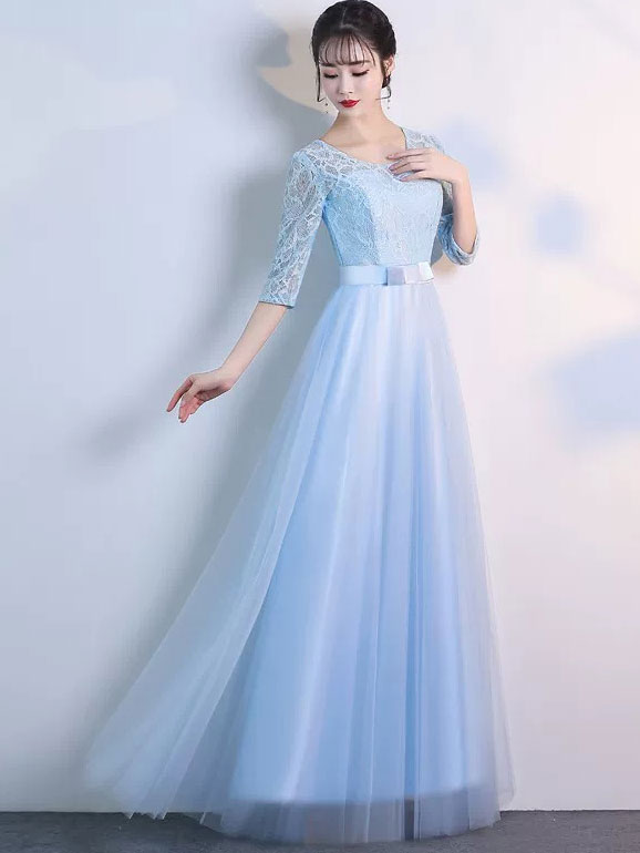 Half Sleeve A-Line Tulle Bridesmaid Wedding Prom Dress