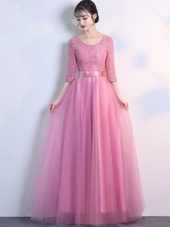 Half Sleeve A-Line Tulle Bridesmaid Wedding Prom Dress
