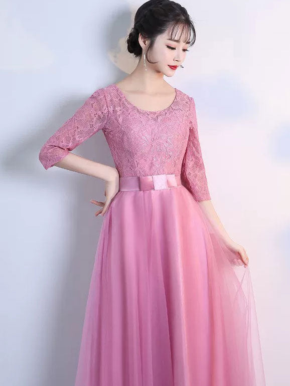 Half Sleeve A-Line Tulle Bridesmaid Wedding Prom Dress