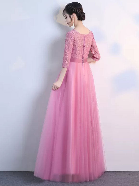 Half Sleeve A-Line Tulle Bridesmaid Wedding Prom Dress