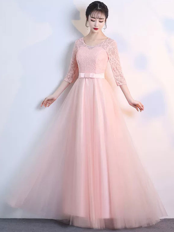 Half Sleeve A-Line Tulle Bridesmaid Wedding Prom Dress