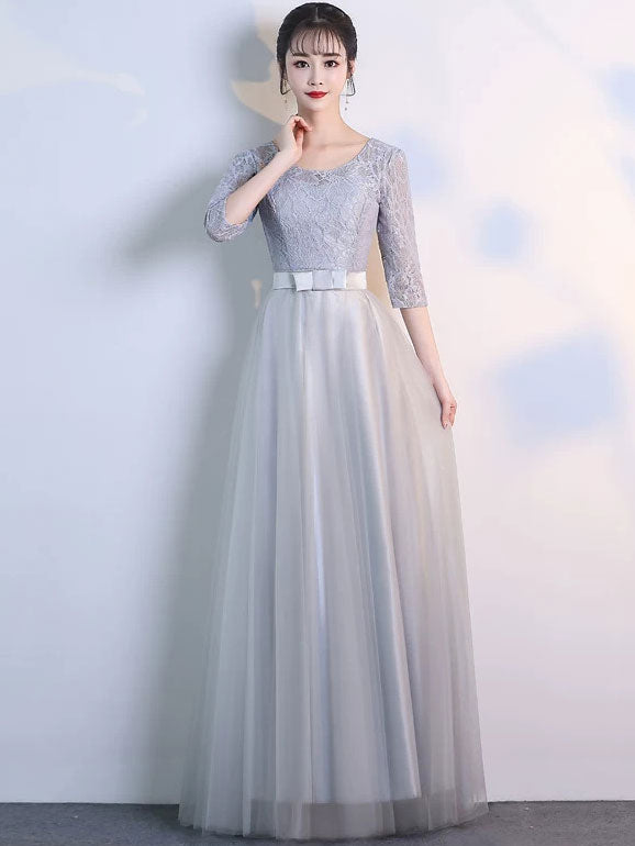 Half Sleeve A-Line Tulle Bridesmaid Wedding Prom Dress