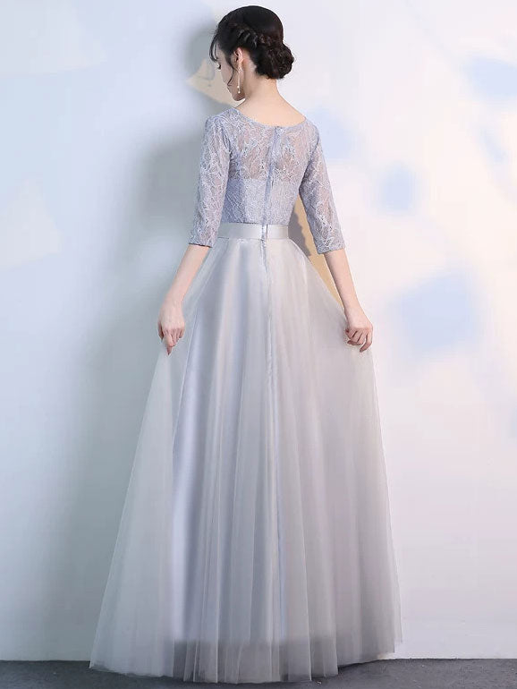 Half Sleeve A-Line Tulle Bridesmaid Wedding Prom Dress