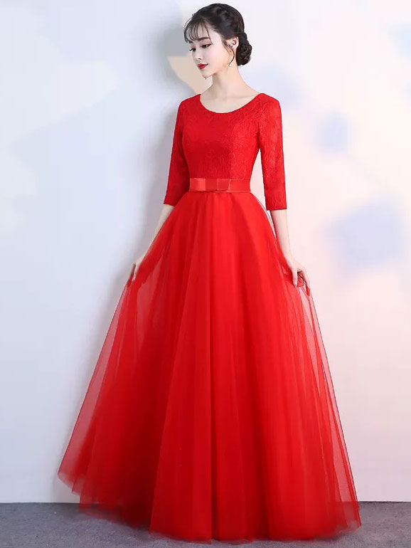 Half Sleeve A-Line Tulle Bridesmaid Wedding Prom Dress