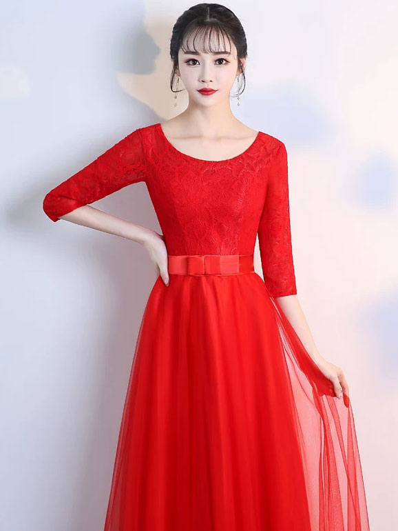 Half Sleeve A-Line Tulle Bridesmaid Wedding Prom Dress