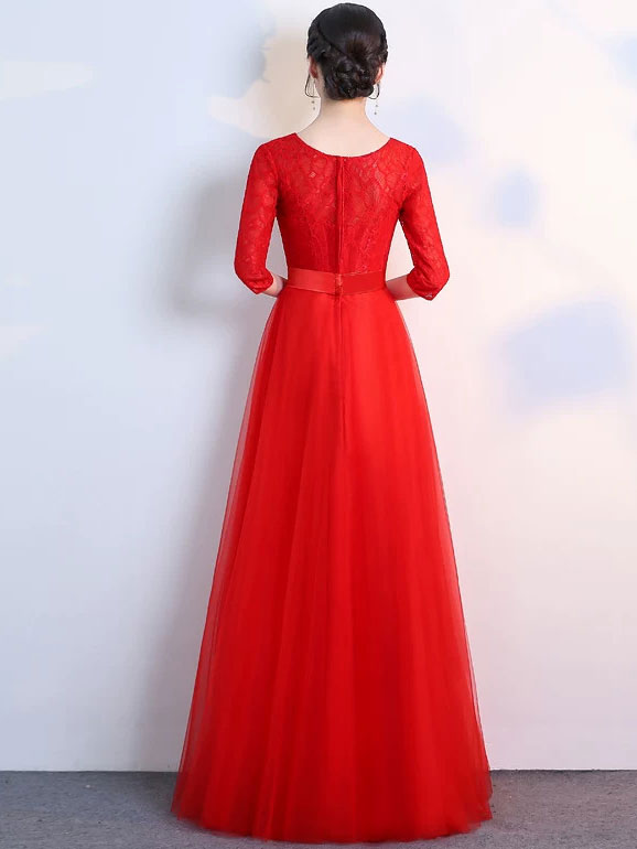 Half Sleeve A-Line Tulle Bridesmaid Wedding Prom Dress