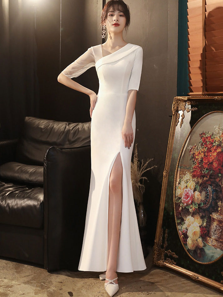 White Red Asymmetrical Neckline Split Front Evening Prom Dress