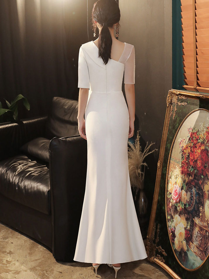 White Red Asymmetrical Neckline Split Front Evening Prom Dress