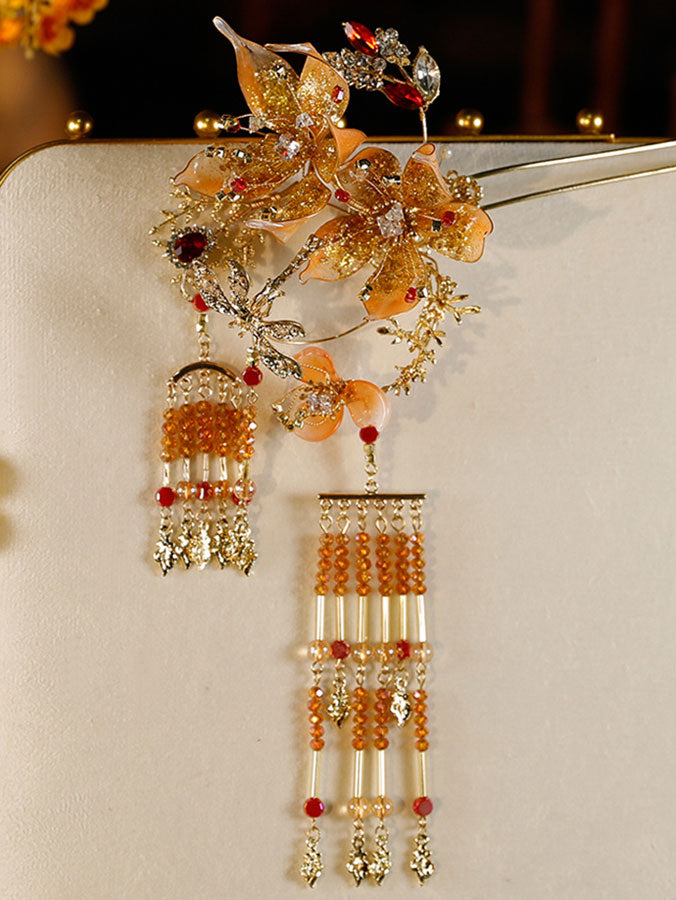 5 Pcs Bridal Orange Flower Butterfly Hairpins Clips & Earrings