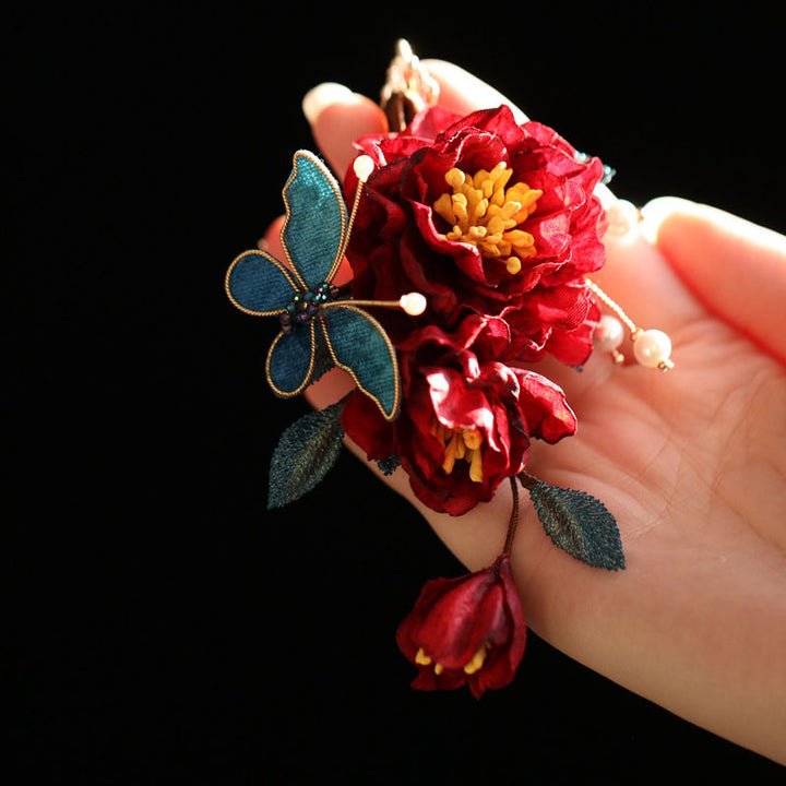 Two Pieces Burgundy Fabrics  Flowers Hair Pins