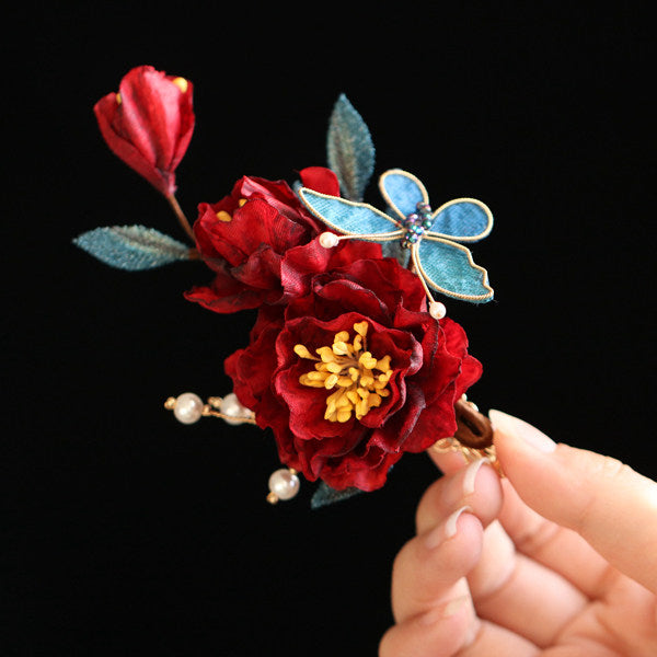 Two Pieces Burgundy Fabrics  Flowers Hair Pins