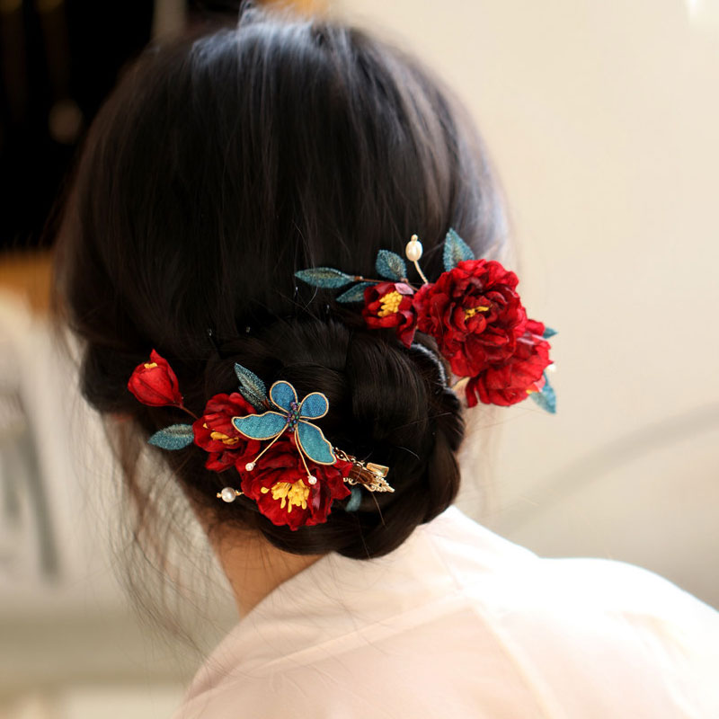 Two Pieces Burgundy Fabrics  Flowers Hair Pins