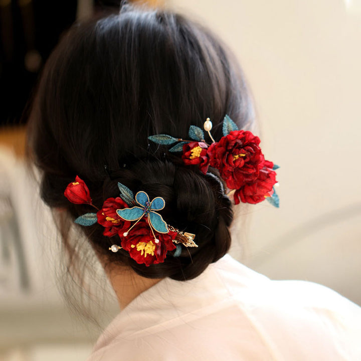 Two Pieces Burgundy Fabrics  Flowers Hair Pins