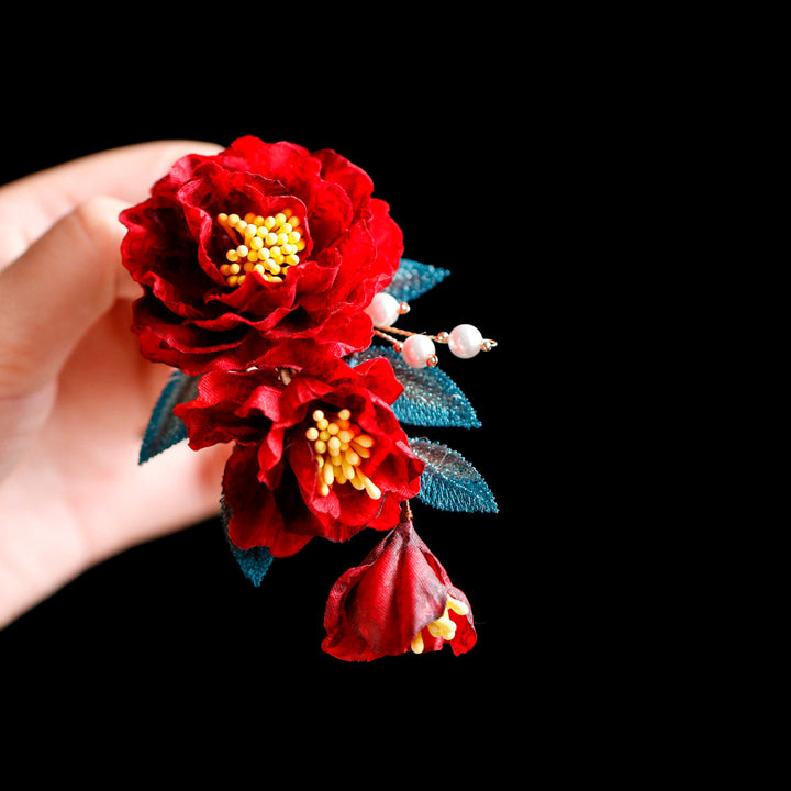 Two Pieces Burgundy Fabrics  Flowers Hair Pins