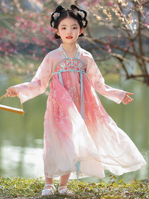 Pink Embroidered Kids Girls Ancient Hanfu Costume Dress 汉服芳华