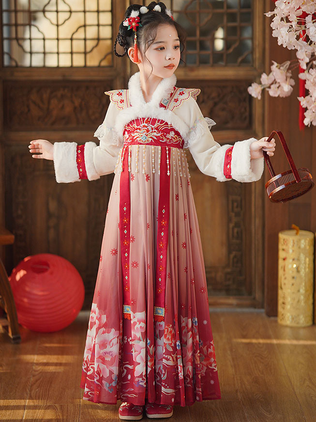 Red Fleeced Embroidered Kids Girls Chinese Winter Hanfu 汉服 Costume Dress