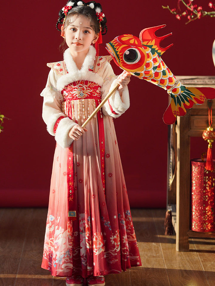 Red Fleeced Embroidered Kids Girls Chinese Winter Hanfu 汉服 Costume Dress