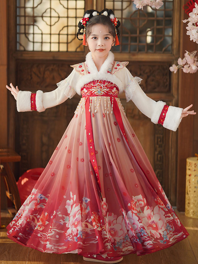 Red Fleeced Embroidered Kids Girls Chinese Winter Hanfu 汉服 Costume Dress