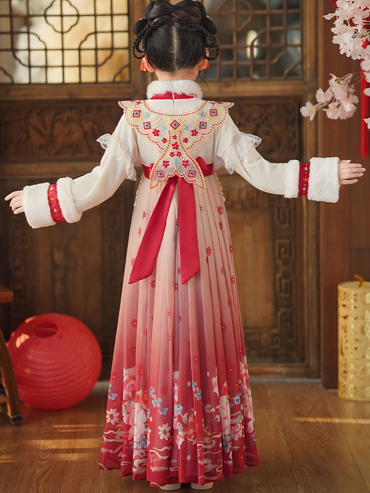 Red Fleeced Embroidered Kids Girls Chinese Winter Hanfu 汉服 Costume Dress