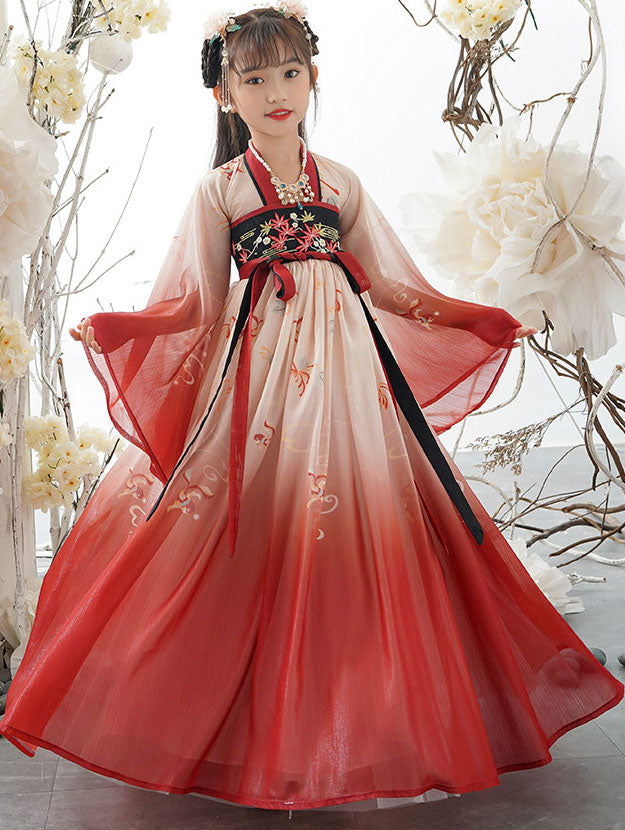 Red Blue Embroidered Kids Girls Ancient Hanfu 汉服 Costume Dress