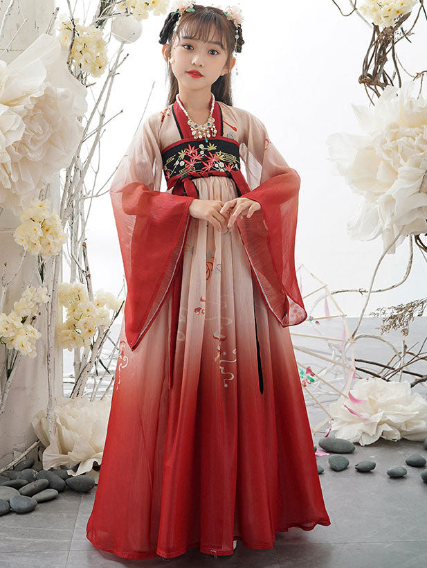 Red Blue Embroidered Kids Girls Ancient Hanfu 汉服 Costume Dress