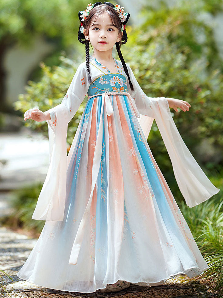 Red Blue Embroidered Kids Girls Ancient Hanfu 汉服 Costume Dress