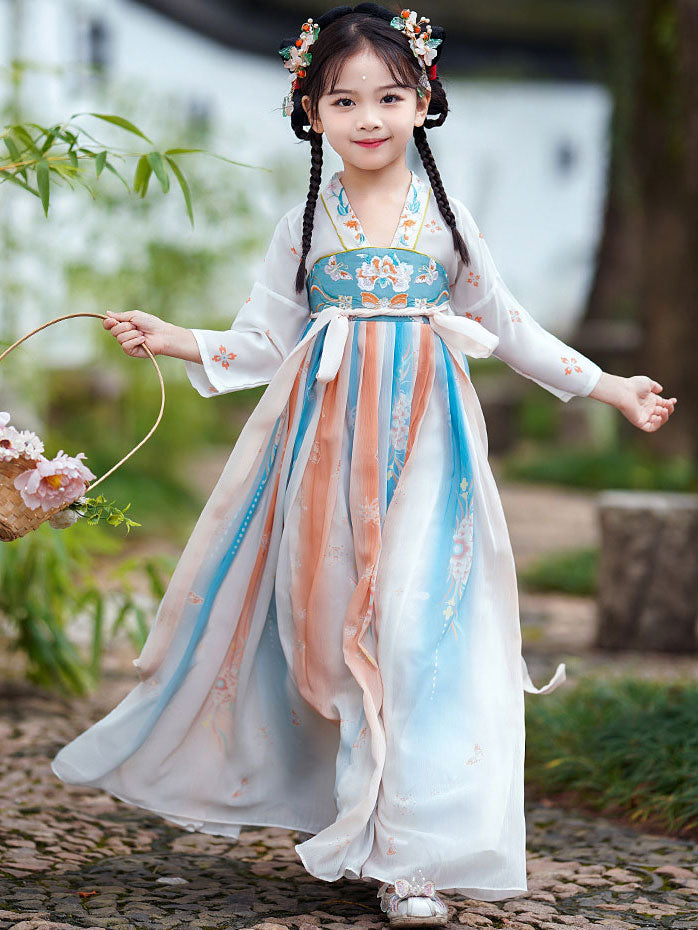 Red Blue Embroidered Kids Girls Ancient Hanfu 汉服 Costume Dress
