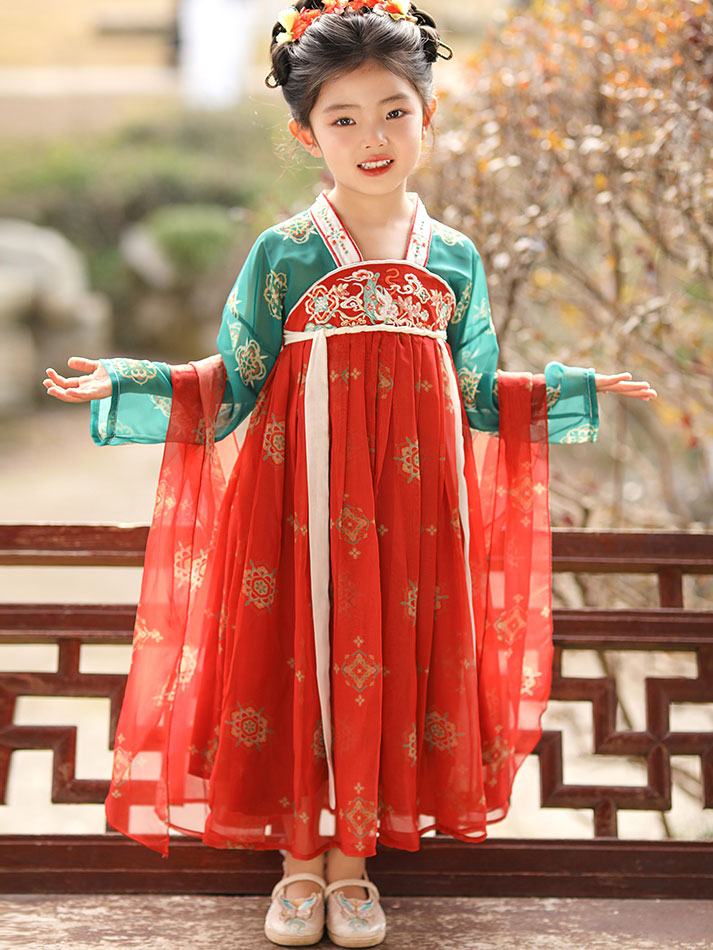 Red Embroidered Kids Girls Ancient Hanfu Costume Dress 汉服长安