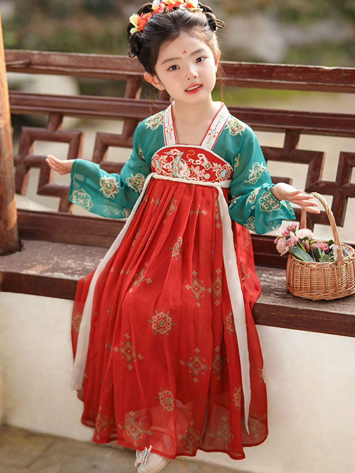 Red Embroidered Kids Girls Ancient Hanfu Costume Dress 汉服长安