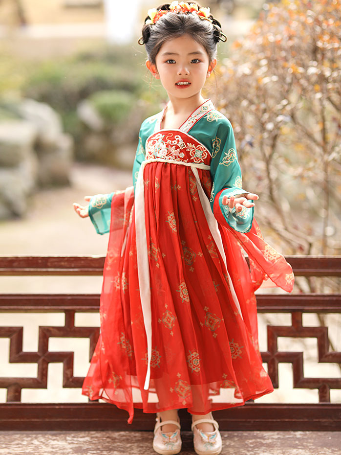 Red Embroidered Kids Girls Ancient Hanfu Costume Dress 汉服长安
