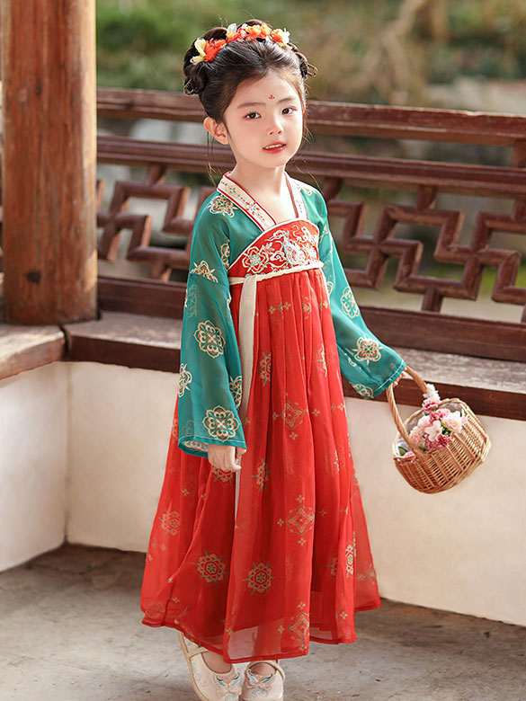 Red Embroidered Kids Girls Ancient Hanfu Costume Dress 汉服长安