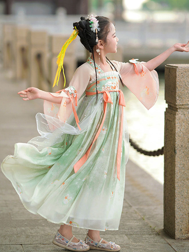 Green Embroidered Kids Girls Ancient Hanfu 汉服 Costume Dress