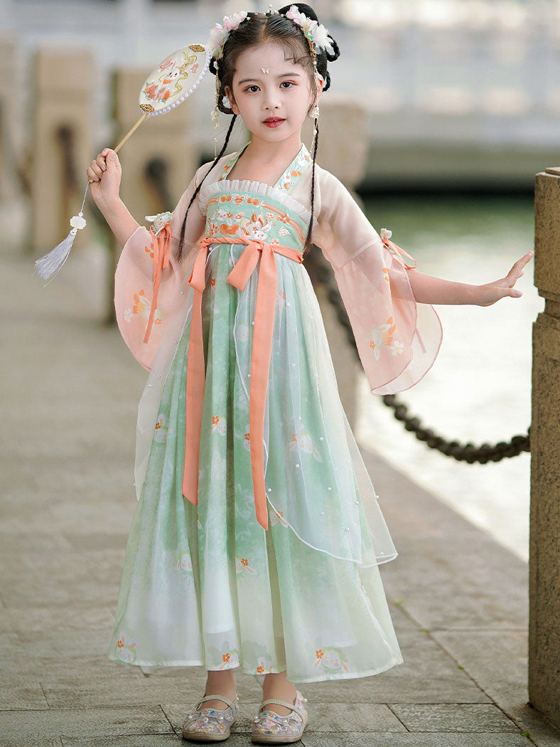 Green Embroidered Kids Girls Ancient Hanfu 汉服 Costume Dress