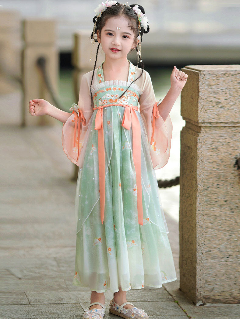 Green Embroidered Kids Girls Ancient Hanfu 汉服 Costume Dress
