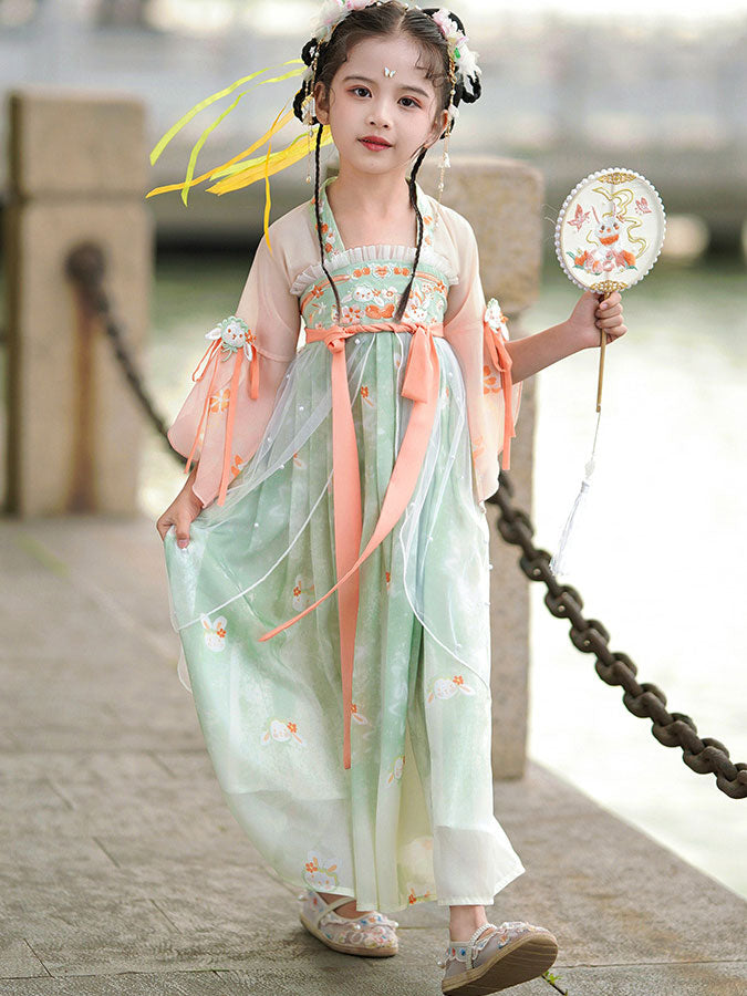 Green Embroidered Kids Girls Ancient Hanfu 汉服 Costume Dress