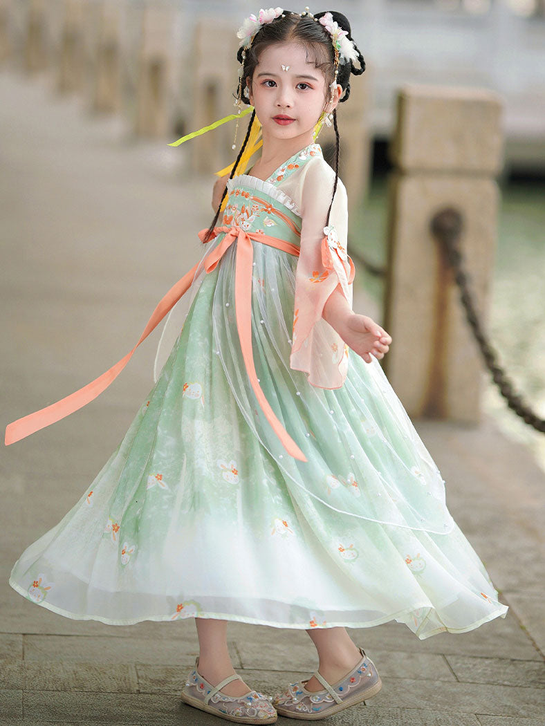 Green Embroidered Kids Girls Ancient Hanfu 汉服 Costume Dress